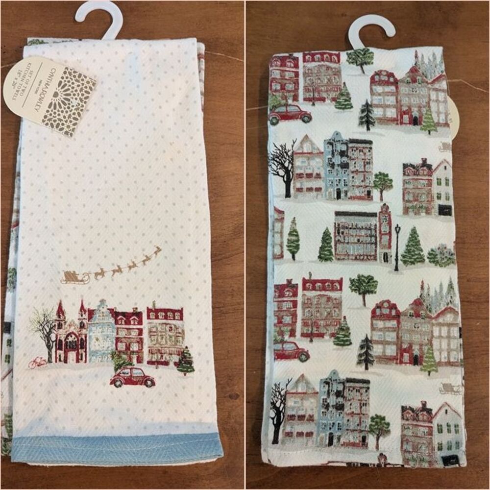 Cynthia Rowley set of two Volkswagen bug Christmas scene towels